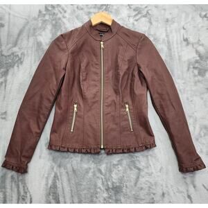 Baccini Jacket Womens PS PETITE Brown Faux Leather Full Zip Ruffle Hem Moto